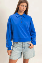 Hyfve Double Zero Washed Button-Front Collared Sweatshirt in Cobalt-sweatshirt-Hyfve Double Zero-Deja Nu Boutique, Women's Fashion Boutique in Lampasas, Texas