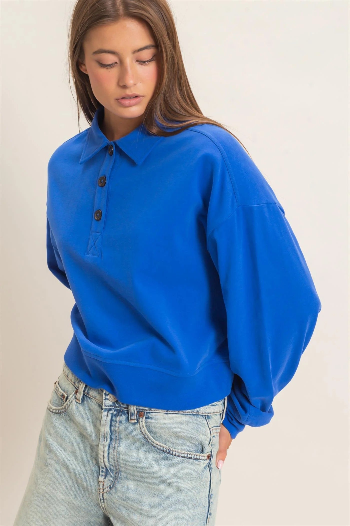 Hyfve Double Zero Washed Button-Front Collared Sweatshirt in Cobalt-sweatshirt-Hyfve Double Zero-Deja Nu Boutique, Women's Fashion Boutique in Lampasas, Texas