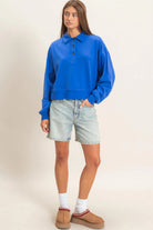 Hyfve Double Zero Washed Button-Front Collared Sweatshirt in Cobalt-sweatshirt-Hyfve Double Zero-Deja Nu Boutique, Women's Fashion Boutique in Lampasas, Texas