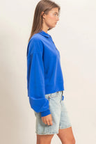 Hyfve Double Zero Washed Button-Front Collared Sweatshirt in Cobalt-sweatshirt-Hyfve Double Zero-Deja Nu Boutique, Women's Fashion Boutique in Lampasas, Texas
