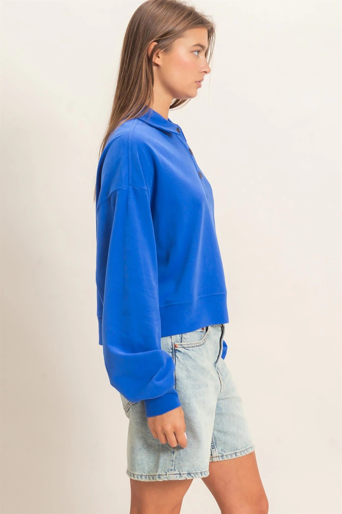 Hyfve Double Zero Washed Button-Front Collared Sweatshirt in Cobalt-sweatshirt-Hyfve Double Zero-Deja Nu Boutique, Women's Fashion Boutique in Lampasas, Texas