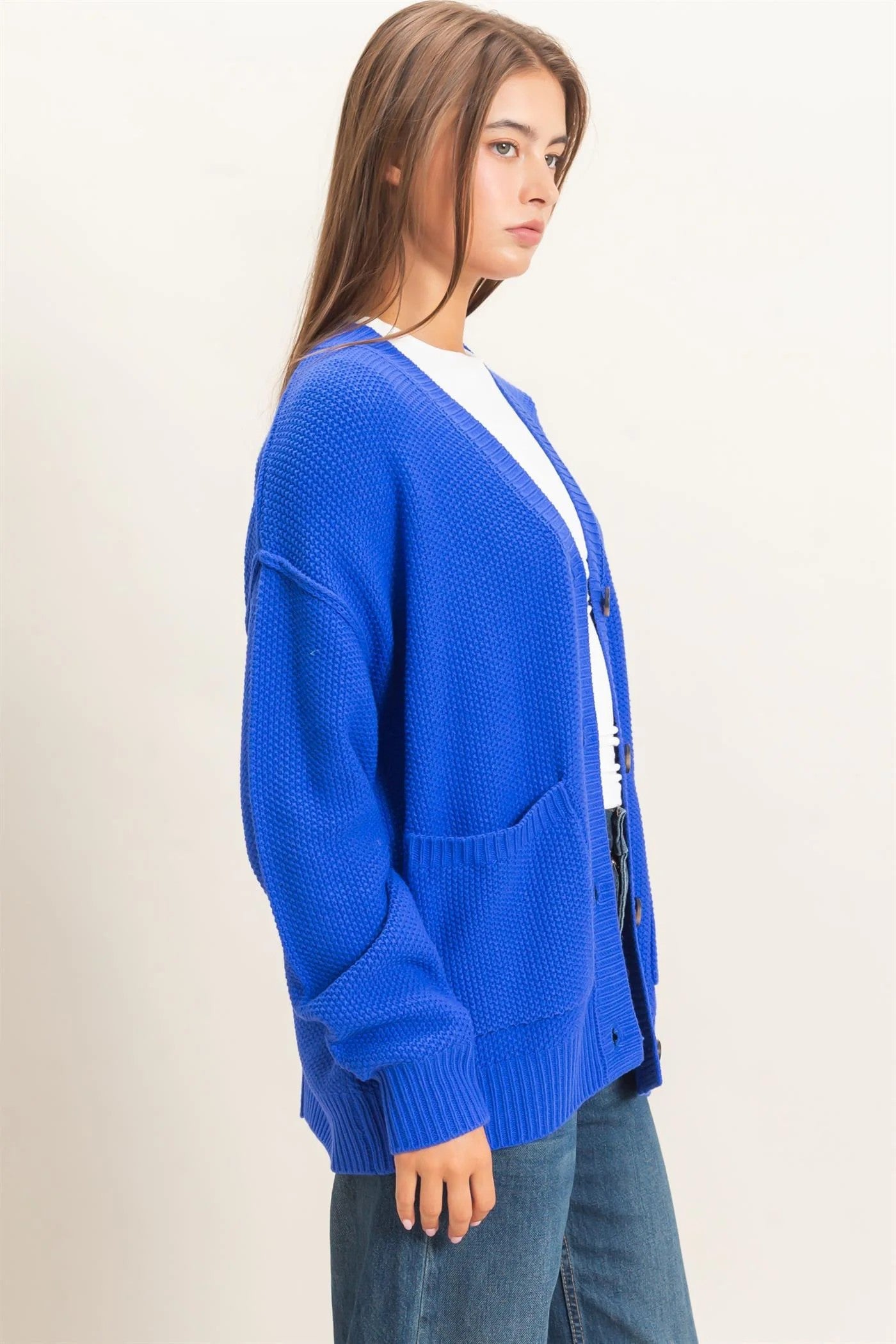 Hyfve Double Zero Textured Oversized Knit Button Cardigan – Cobalt-Cardigans & Kimonos-Hyfve Double Zero-Deja Nu Boutique, Women's Fashion Boutique in Lampasas, Texas