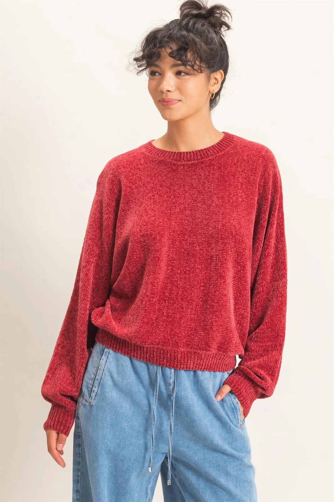 Hyfve Double Zero Chenille Crew Neck Sweater in Dark Red-Sweaters-Hyfve Double Zero-Deja Nu Boutique, Women's Fashion Boutique in Lampasas, Texas