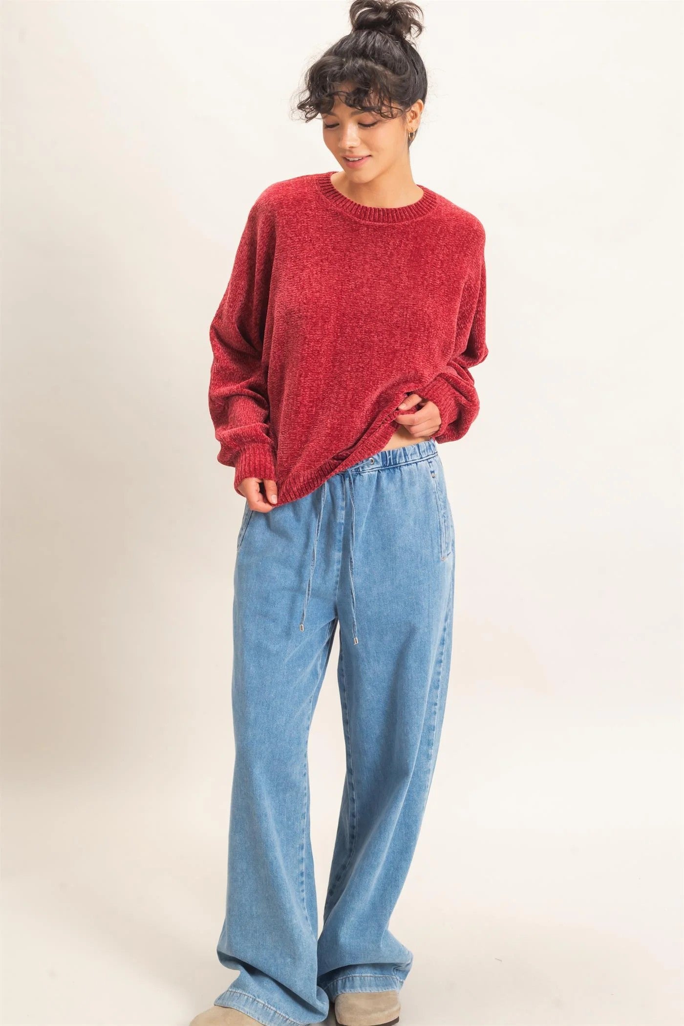 Hyfve Double Zero Chenille Crew Neck Sweater in Dark Red-Sweaters-Hyfve Double Zero-Deja Nu Boutique, Women's Fashion Boutique in Lampasas, Texas