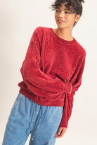 Hyfve Double Zero Chenille Crew Neck Sweater in Dark Red-Sweaters-Hyfve Double Zero-Deja Nu Boutique, Women's Fashion Boutique in Lampasas, Texas