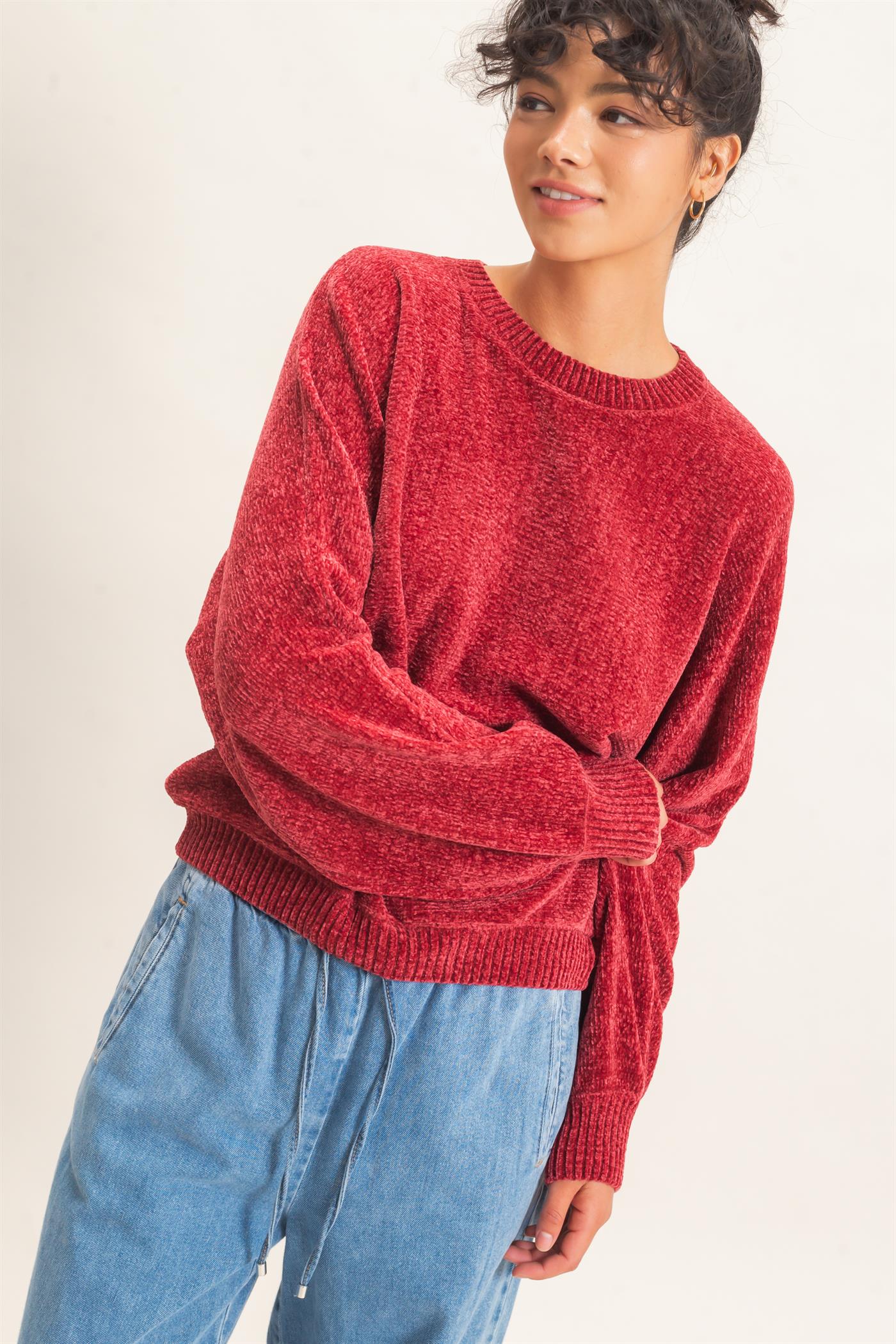Hyfve Double Zero Chenille Crew Neck Sweater in Dark Red-Sweaters-Hyfve Double Zero-Deja Nu Boutique, Women's Fashion Boutique in Lampasas, Texas