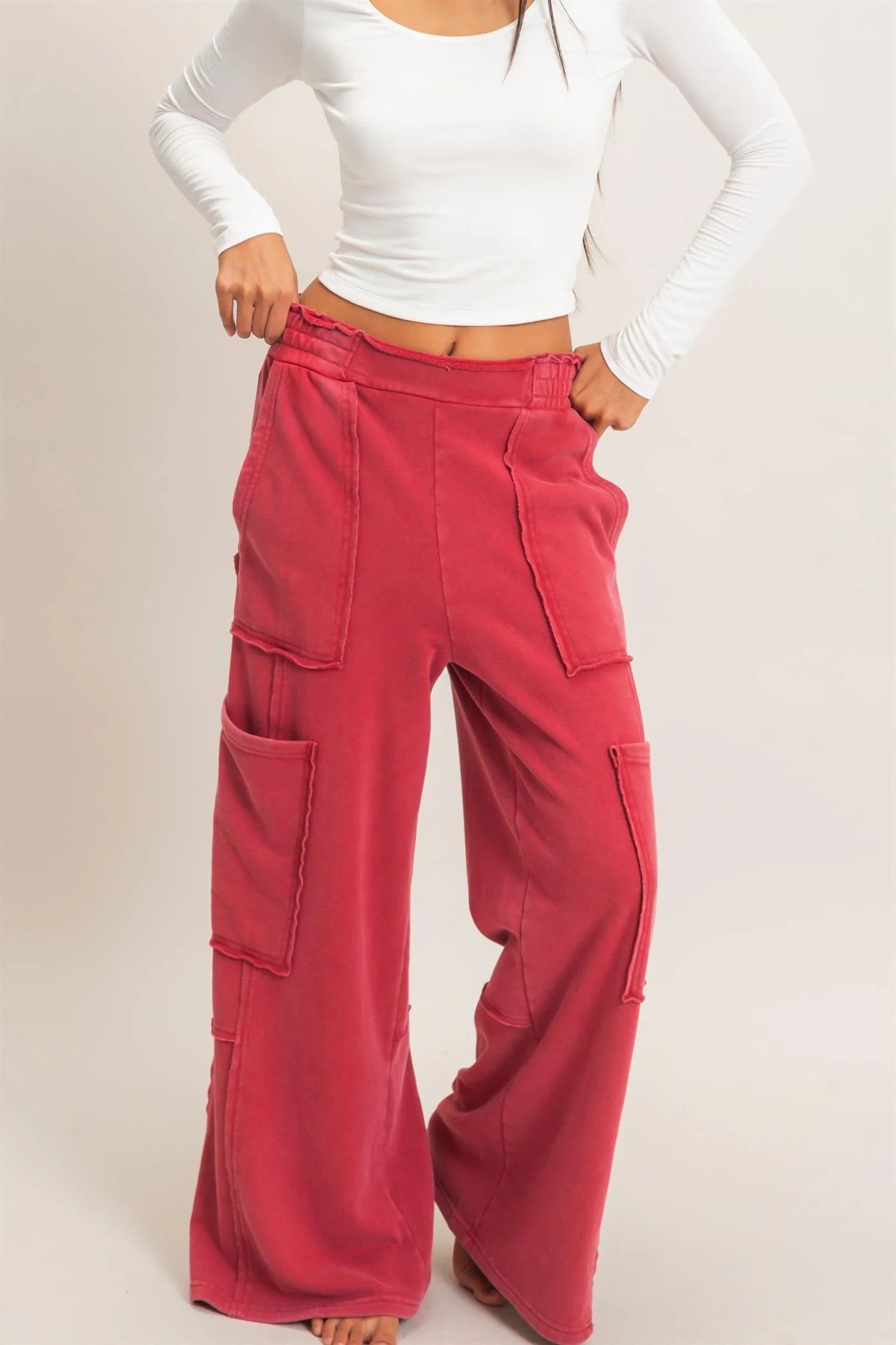 Hyfve Double Zero Mineral Wash Cargo Pocket Pants – Dark Red & Black-Athleisurewear-Hyfve Double Zero-Deja Nu Boutique, Women's Fashion Boutique in Lampasas, Texas
