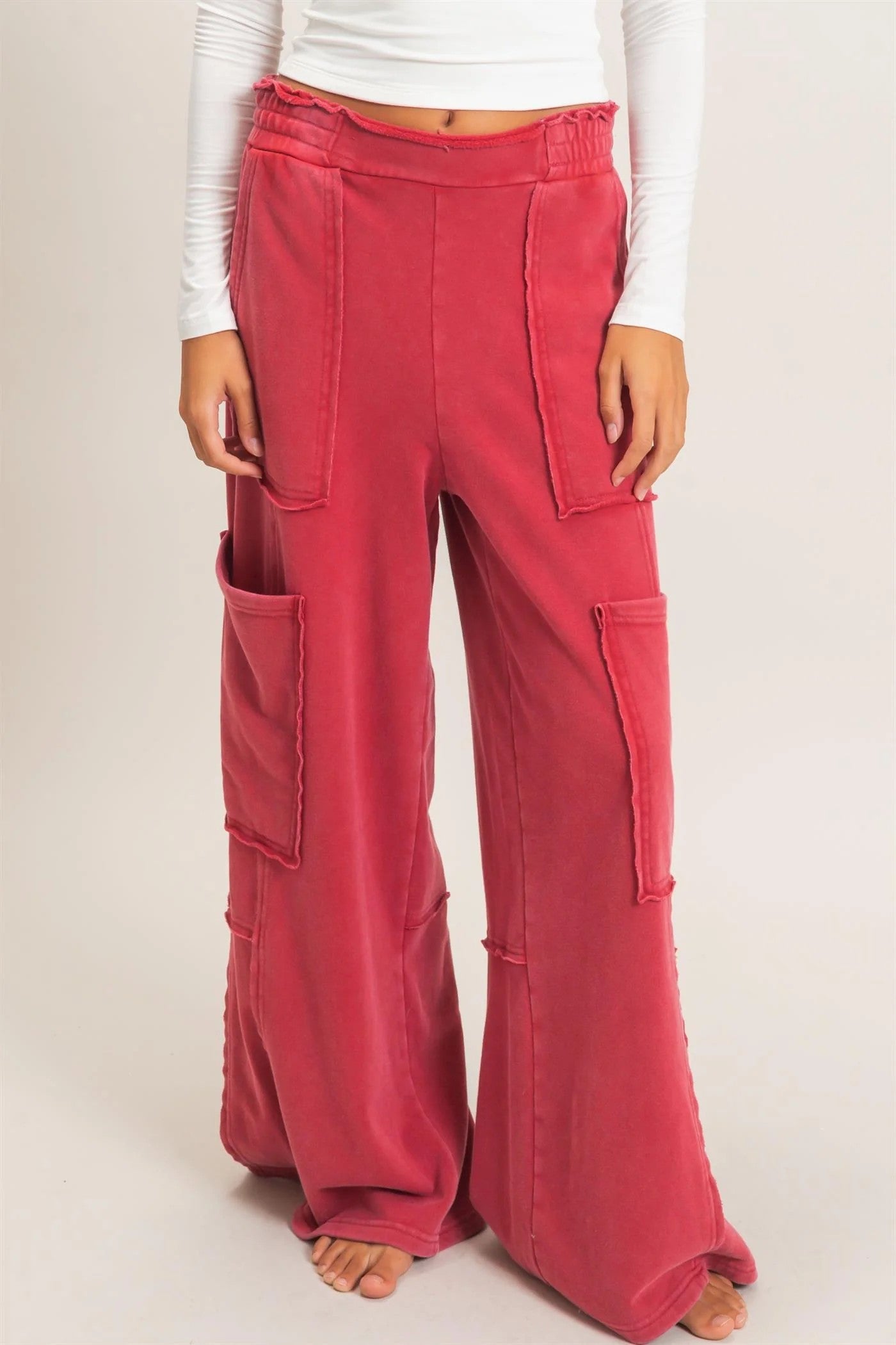 Hyfve Double Zero Mineral Wash Cargo Pocket Pants – Dark Red & Black-Athleisurewear-Hyfve Double Zero-Deja Nu Boutique, Women's Fashion Boutique in Lampasas, Texas