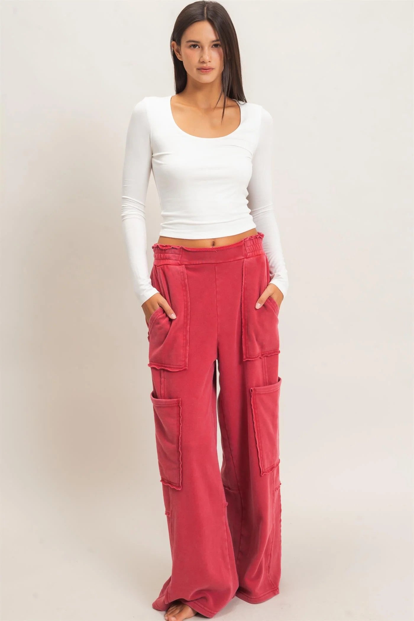 Hyfve Double Zero Mineral Wash Cargo Pocket Pants – Dark Red & Black-Athleisurewear-Hyfve Double Zero-Deja Nu Boutique, Women's Fashion Boutique in Lampasas, Texas