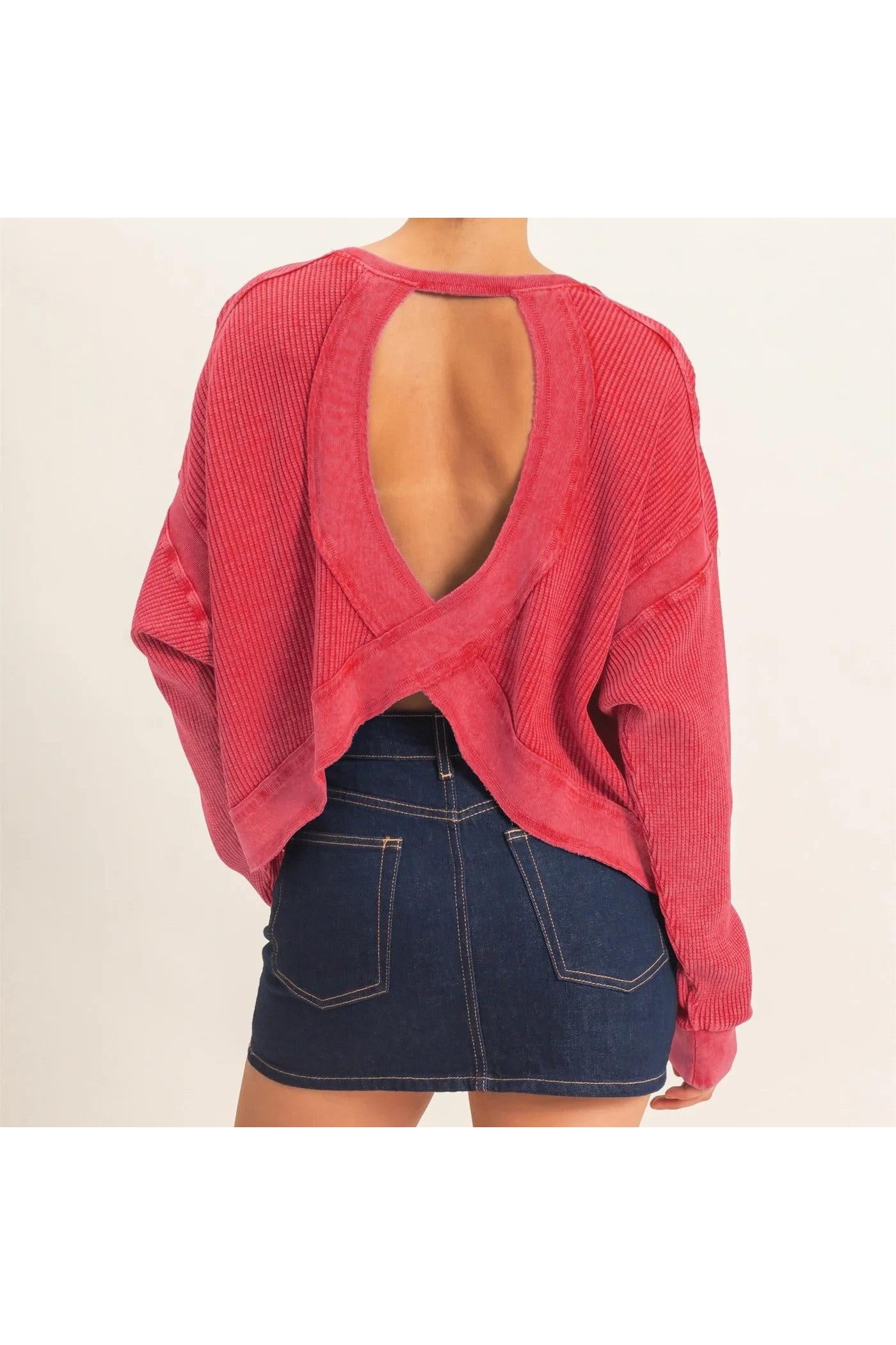 Hyfve Double Zero Mineral Wash Waffle Open Back Top in Dark Taupe or Dark Red-Tops-Hyfve Double Zero-Deja Nu Boutique, Women's Fashion Boutique in Lampasas, Texas