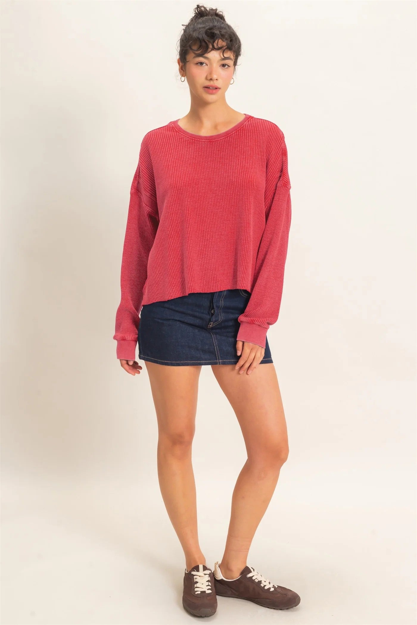 Hyfve Double Zero Mineral Wash Waffle Open Back Top in Dark Taupe or Dark Red-Tops-Hyfve Double Zero-Deja Nu Boutique, Women's Fashion Boutique in Lampasas, Texas
