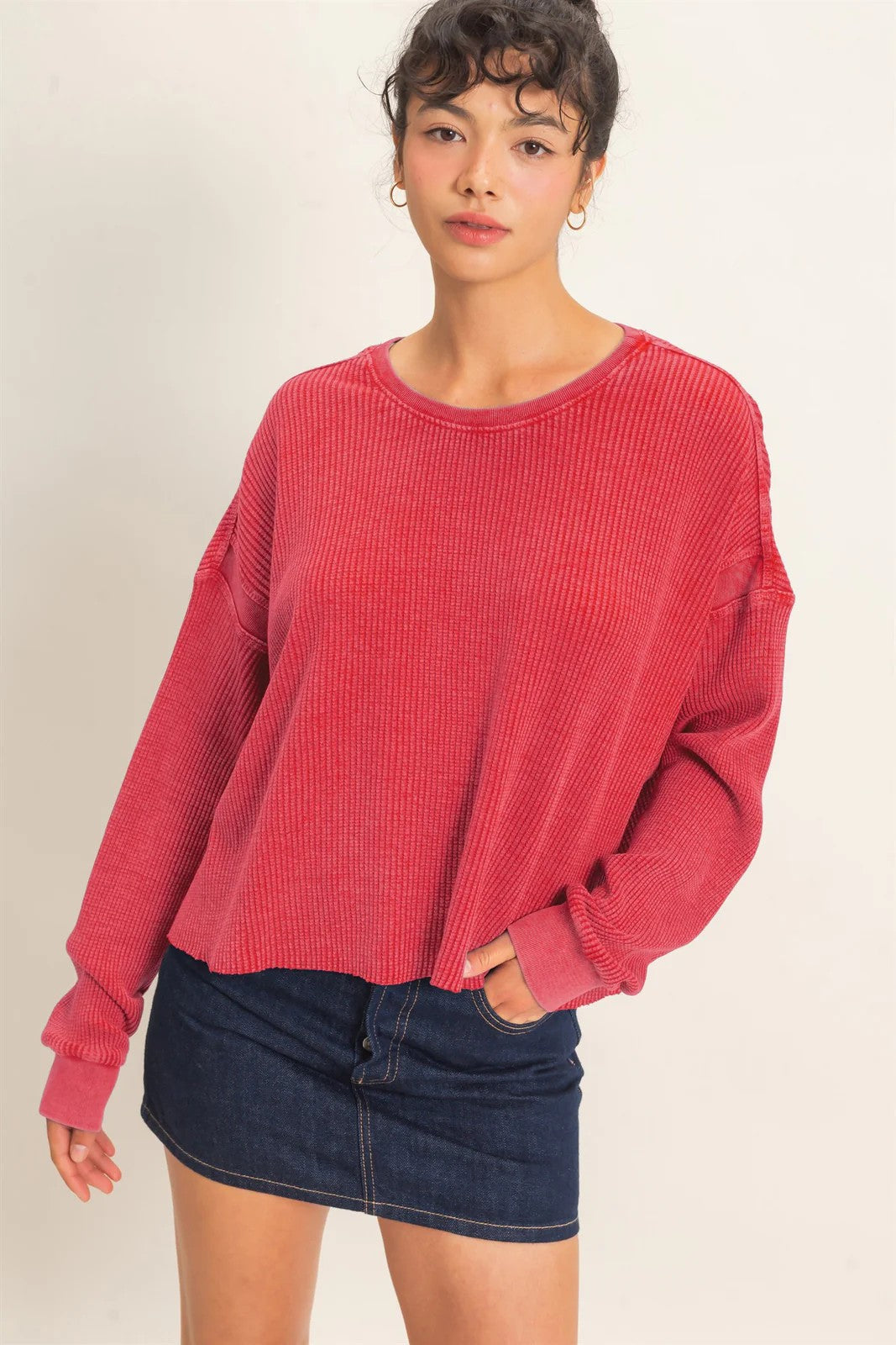 Hyfve Double Zero Mineral Wash Waffle Open Back Top in Dark Taupe or Dark Red-Tops-Hyfve Double Zero-Deja Nu Boutique, Women's Fashion Boutique in Lampasas, Texas