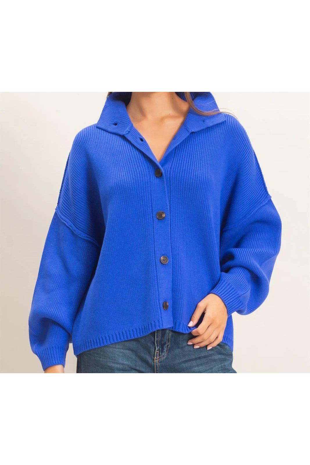 Hyfve Double Zero High Neck Oversized Cardigan in Cobalt-Cardigans & Kimonos-Hyfve Double Zero-Deja Nu Boutique, Women's Fashion Boutique in Lampasas, Texas