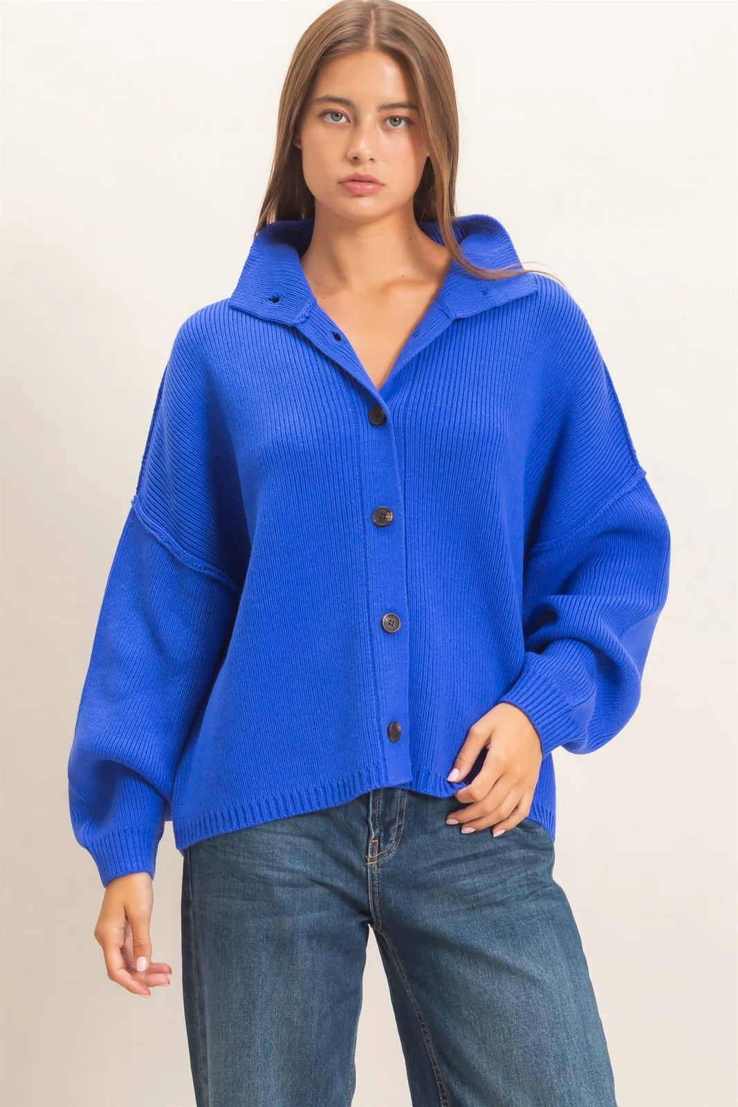 Hyfve Double Zero High Neck Oversized Cardigan in Cobalt-Cardigans & Kimonos-Hyfve Double Zero-Deja Nu Boutique, Women's Fashion Boutique in Lampasas, Texas