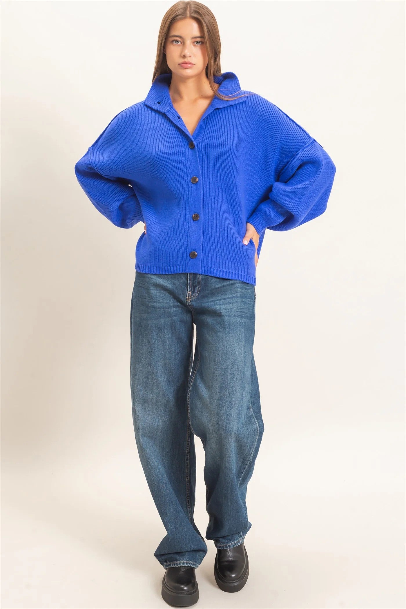 Hyfve Double Zero High Neck Oversized Cardigan in Cobalt-Cardigans & Kimonos-Hyfve Double Zero-Deja Nu Boutique, Women's Fashion Boutique in Lampasas, Texas