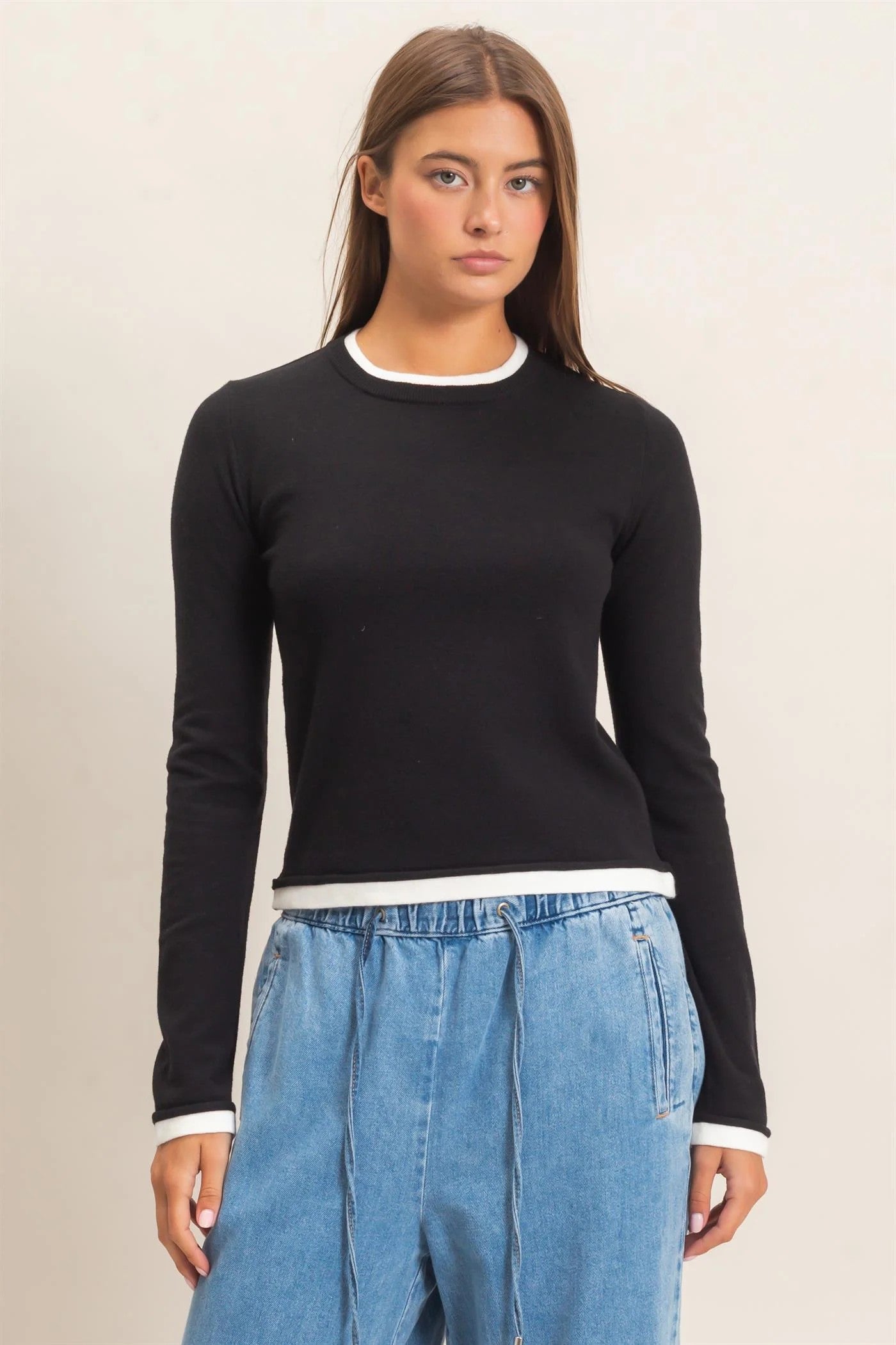 Hyfve Double Zero Layer Effect Long Sleeve Knit Top – Dark Red, Dark Brown & Black-Tops-Hyfve Double Zero-Deja Nu Boutique, Women's Fashion Boutique in Lampasas, Texas