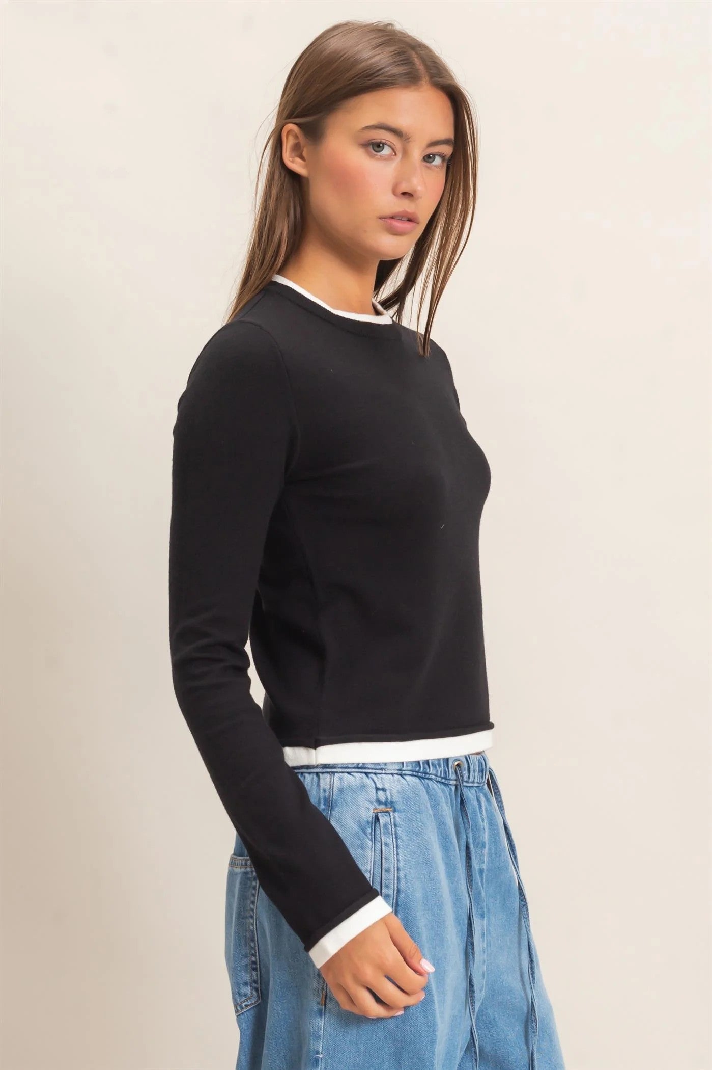 Hyfve Double Zero Layer Effect Long Sleeve Knit Top – Dark Red, Dark Brown & Black-Tops-Hyfve Double Zero-Deja Nu Boutique, Women's Fashion Boutique in Lampasas, Texas