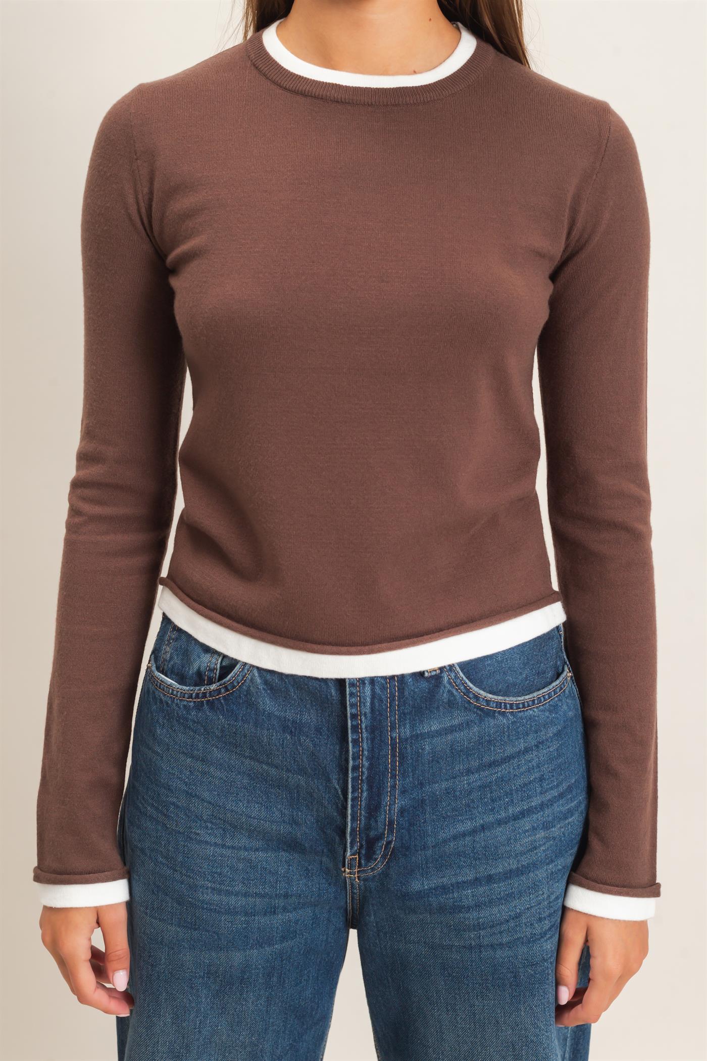 Hyfve Double Zero Layer Effect Long Sleeve Knit Top – Dark Red, Dark Brown & Black-Tops-Hyfve Double Zero-Deja Nu Boutique, Women's Fashion Boutique in Lampasas, Texas