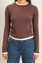 Hyfve Double Zero Layer Effect Long Sleeve Knit Top – Dark Red, Dark Brown & Black-Tops-Hyfve Double Zero-Deja Nu Boutique, Women's Fashion Boutique in Lampasas, Texas
