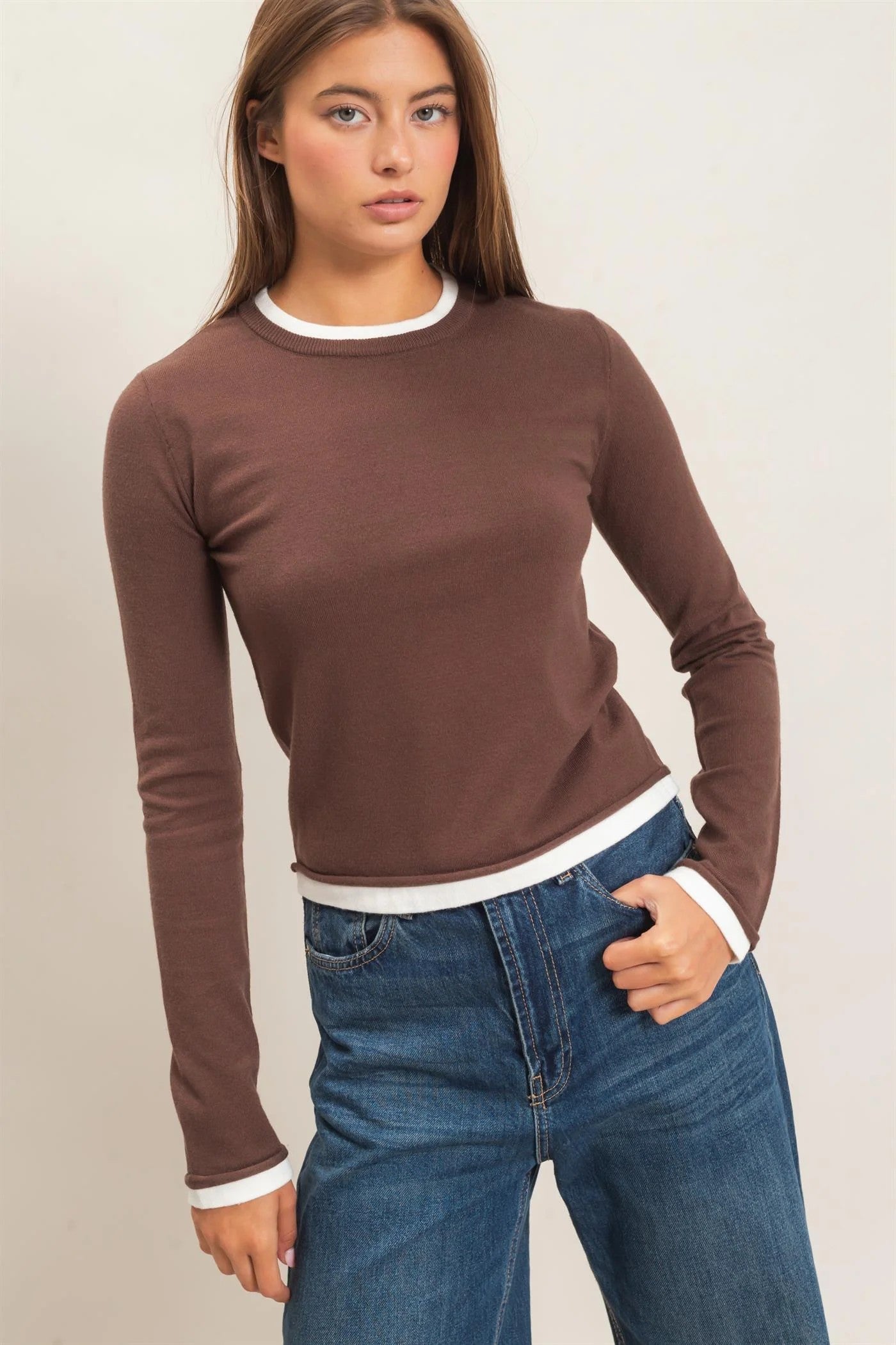 Hyfve Double Zero Layer Effect Long Sleeve Knit Top – Dark Red, Dark Brown & Black-Tops-Hyfve Double Zero-Deja Nu Boutique, Women's Fashion Boutique in Lampasas, Texas