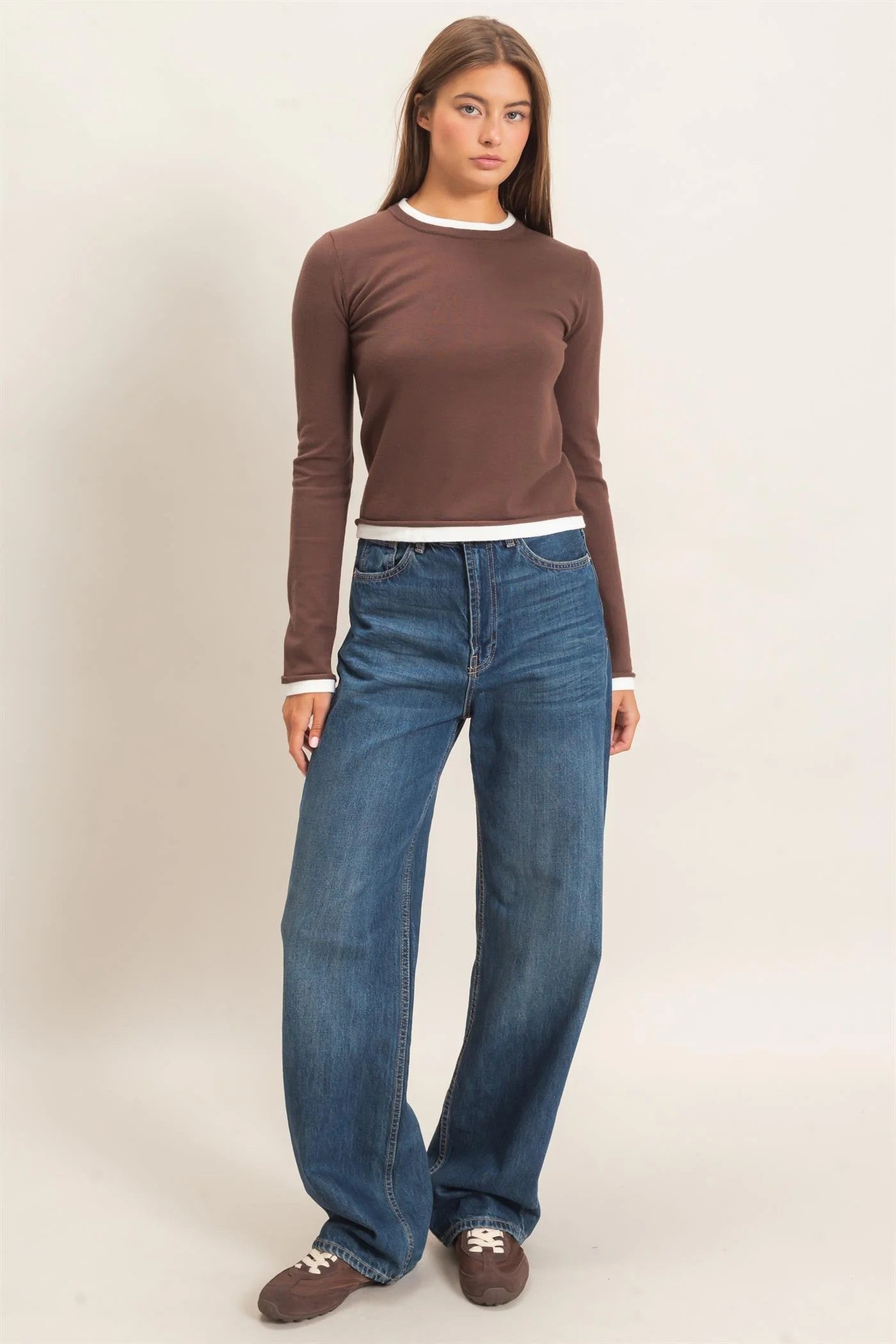 Hyfve Double Zero Layer Effect Long Sleeve Knit Top – Dark Red, Dark Brown & Black-Tops-Hyfve Double Zero-Deja Nu Boutique, Women's Fashion Boutique in Lampasas, Texas