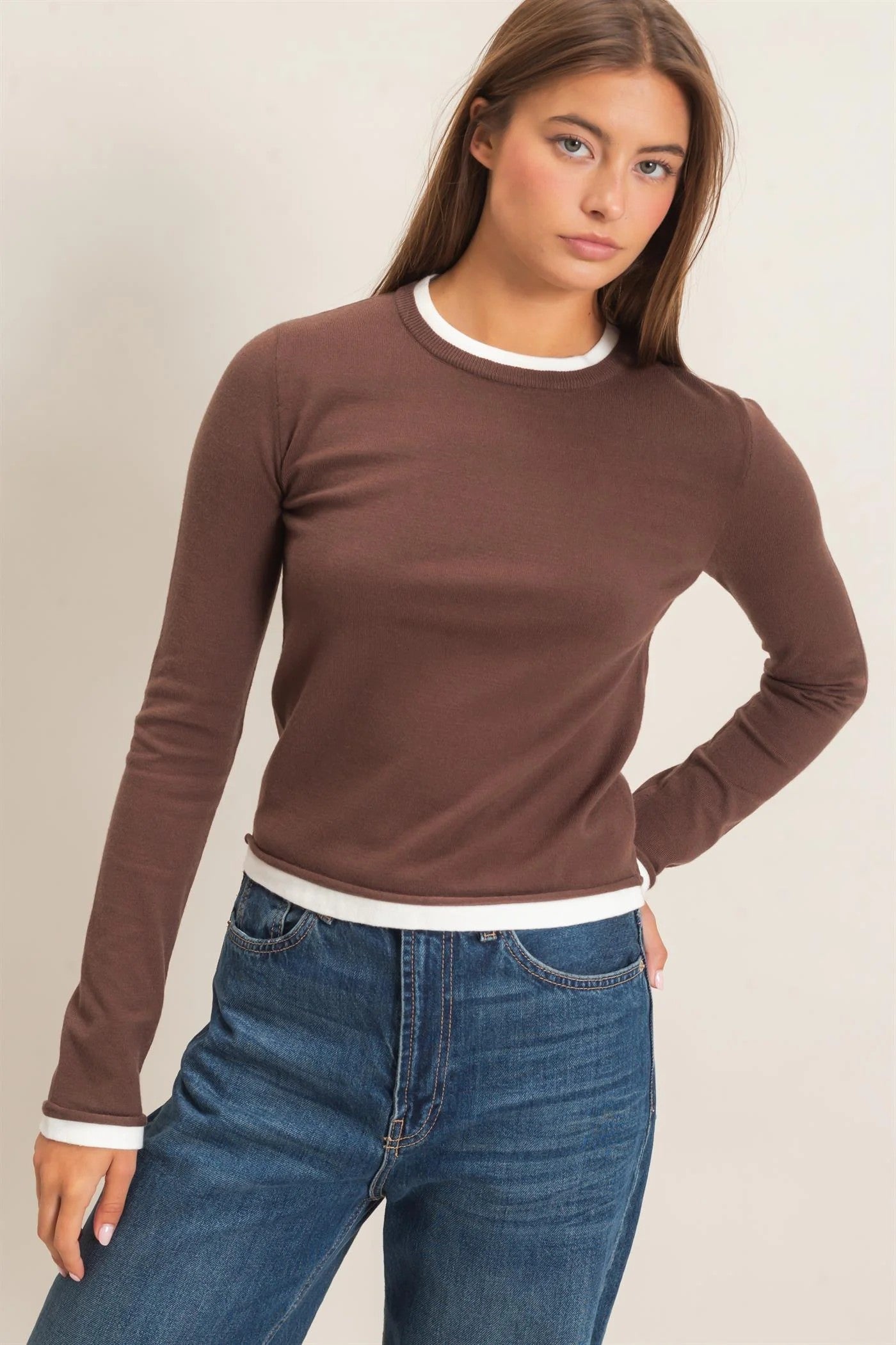 Hyfve Double Zero Layer Effect Long Sleeve Knit Top – Dark Red, Dark Brown & Black-Tops-Hyfve Double Zero-Deja Nu Boutique, Women's Fashion Boutique in Lampasas, Texas