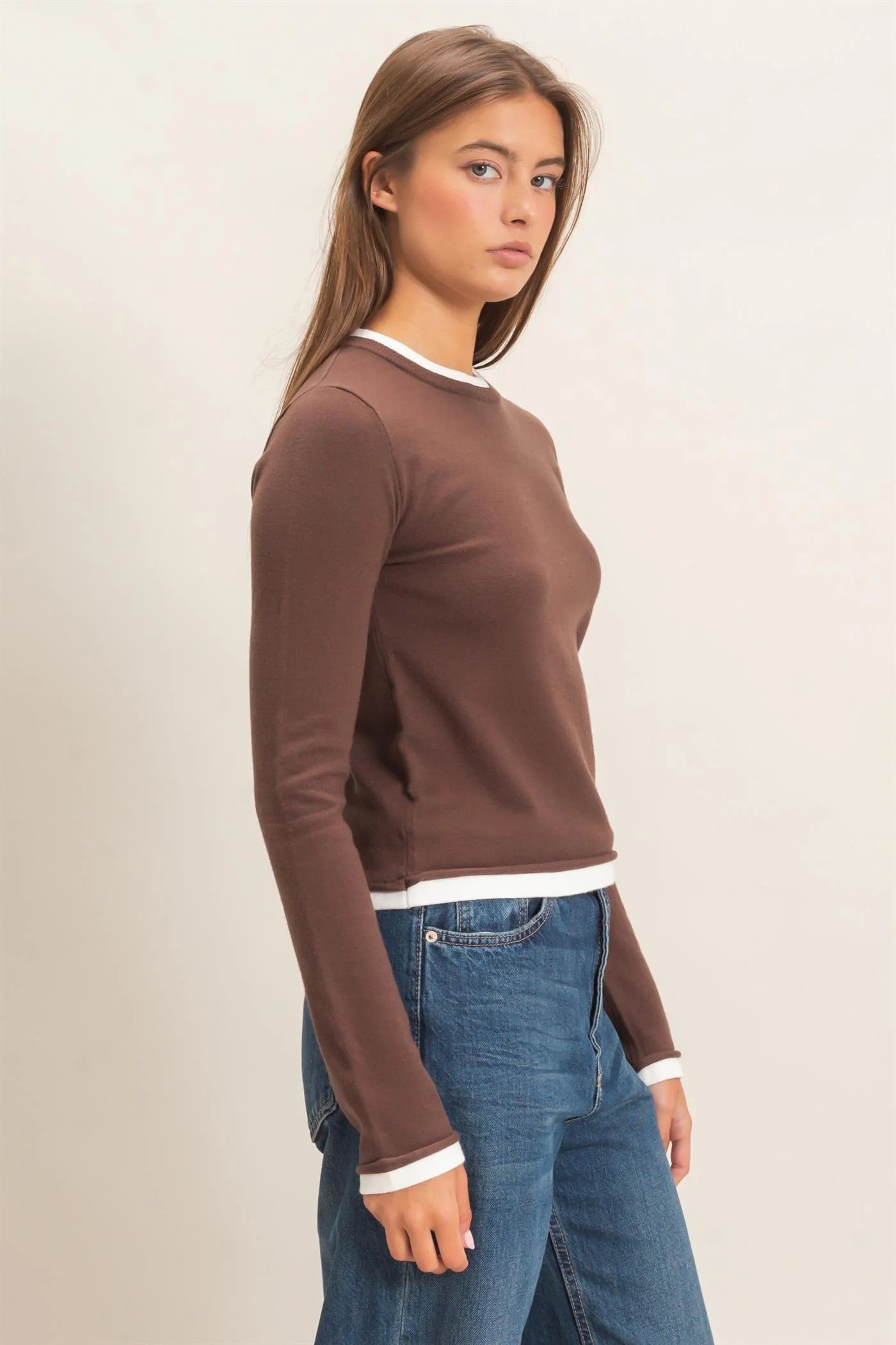 Hyfve Double Zero Layer Effect Long Sleeve Knit Top – Dark Red, Dark Brown & Black-Tops-Hyfve Double Zero-Deja Nu Boutique, Women's Fashion Boutique in Lampasas, Texas