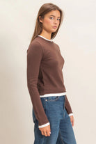 Hyfve Double Zero Layer Effect Long Sleeve Knit Top – Dark Red, Dark Brown & Black-Tops-Hyfve Double Zero-Deja Nu Boutique, Women's Fashion Boutique in Lampasas, Texas