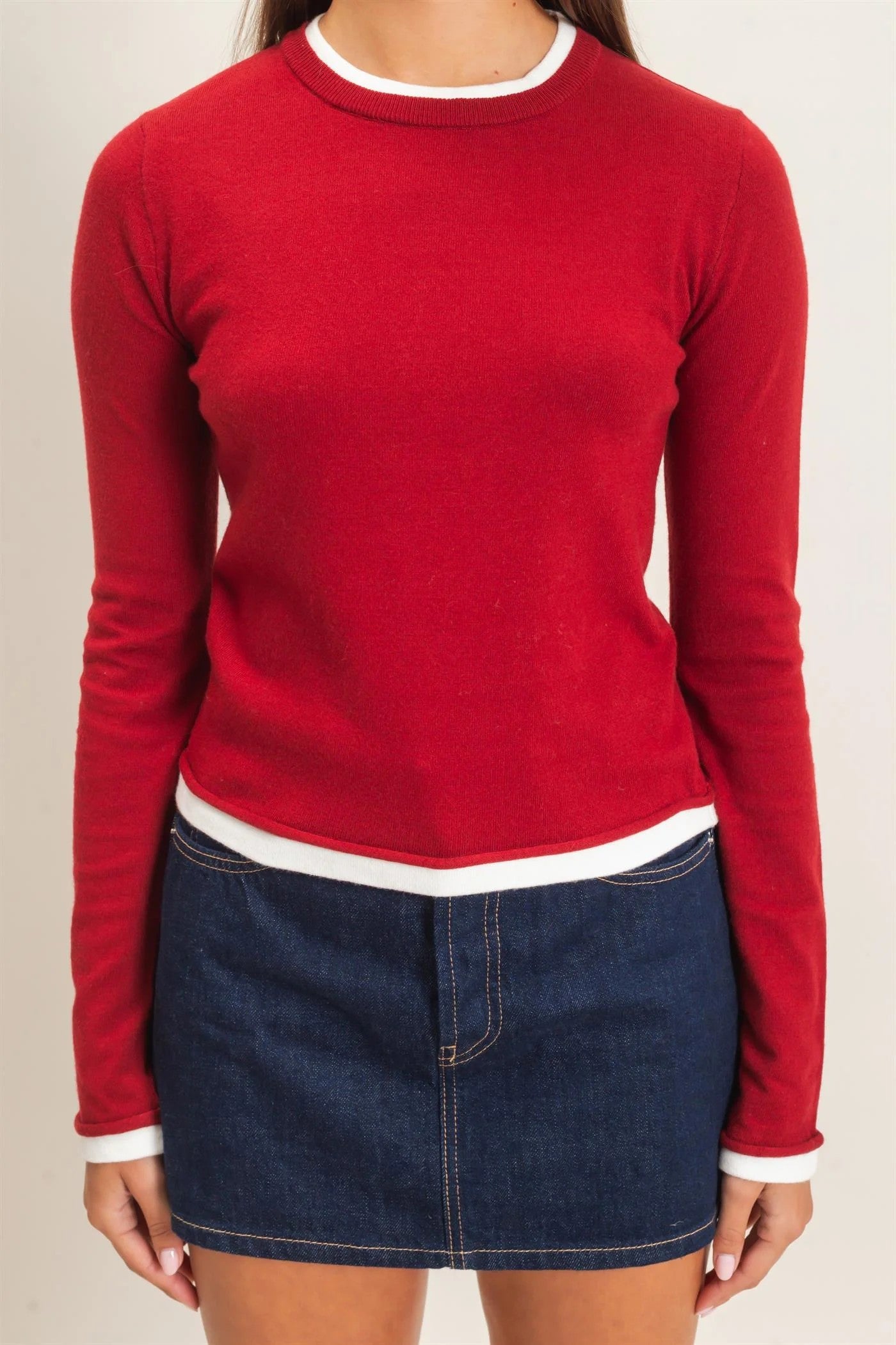 Hyfve Double Zero Layer Effect Long Sleeve Knit Top – Dark Red, Dark Brown & Black-Tops-Hyfve Double Zero-Deja Nu Boutique, Women's Fashion Boutique in Lampasas, Texas