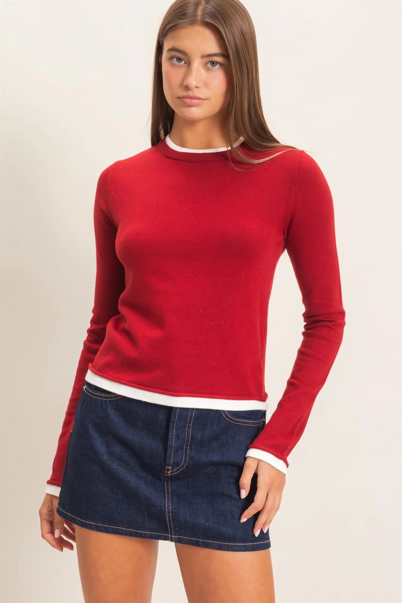 Hyfve Double Zero Layer Effect Long Sleeve Knit Top – Dark Red, Dark Brown & Black-Tops-Hyfve Double Zero-Deja Nu Boutique, Women's Fashion Boutique in Lampasas, Texas