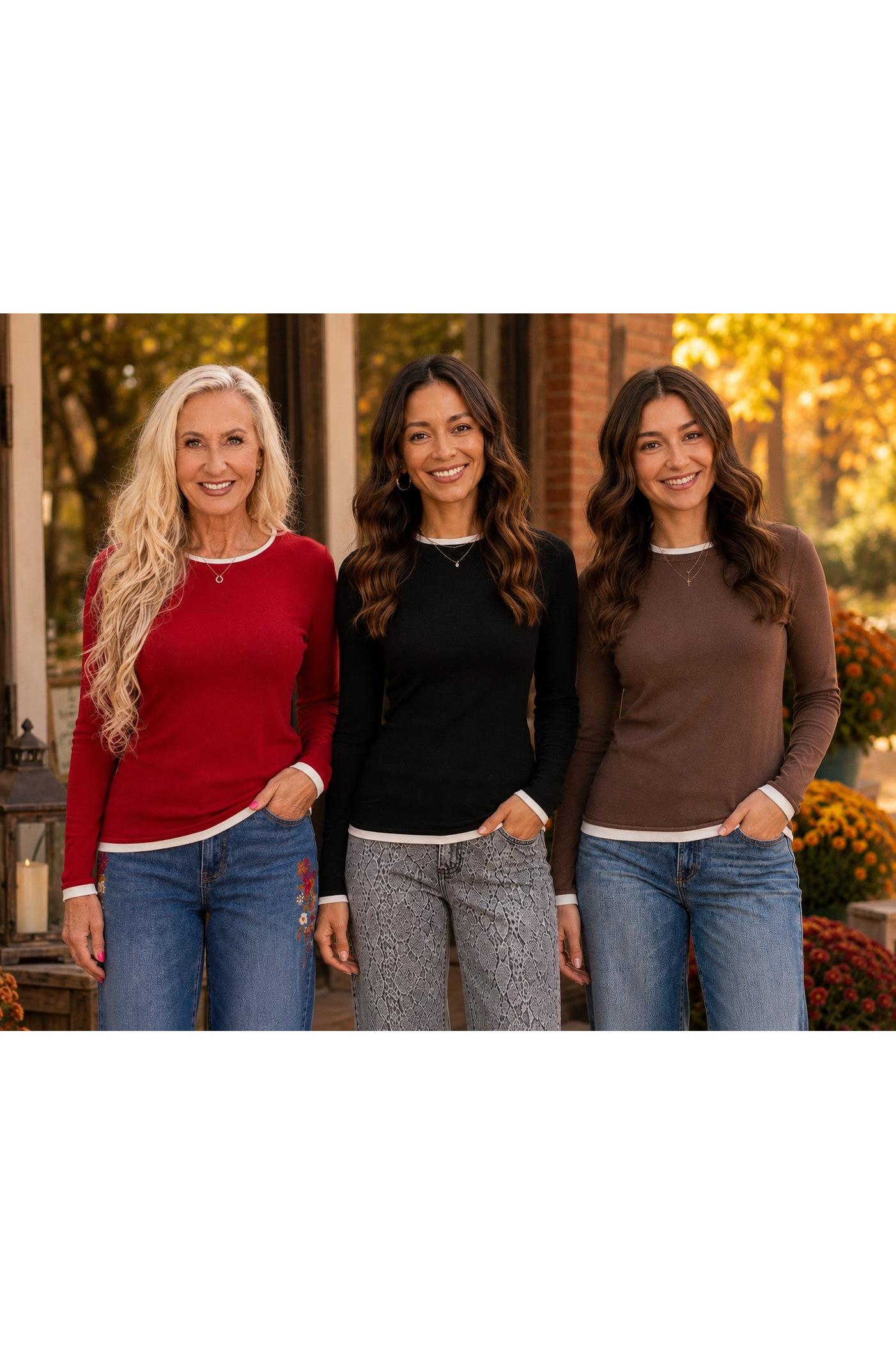 Hyfve Double Zero Layer Effect Long Sleeve Knit Top – Dark Red, Dark Brown & Black-Tops-Hyfve Double Zero-Deja Nu Boutique, Women's Fashion Boutique in Lampasas, Texas