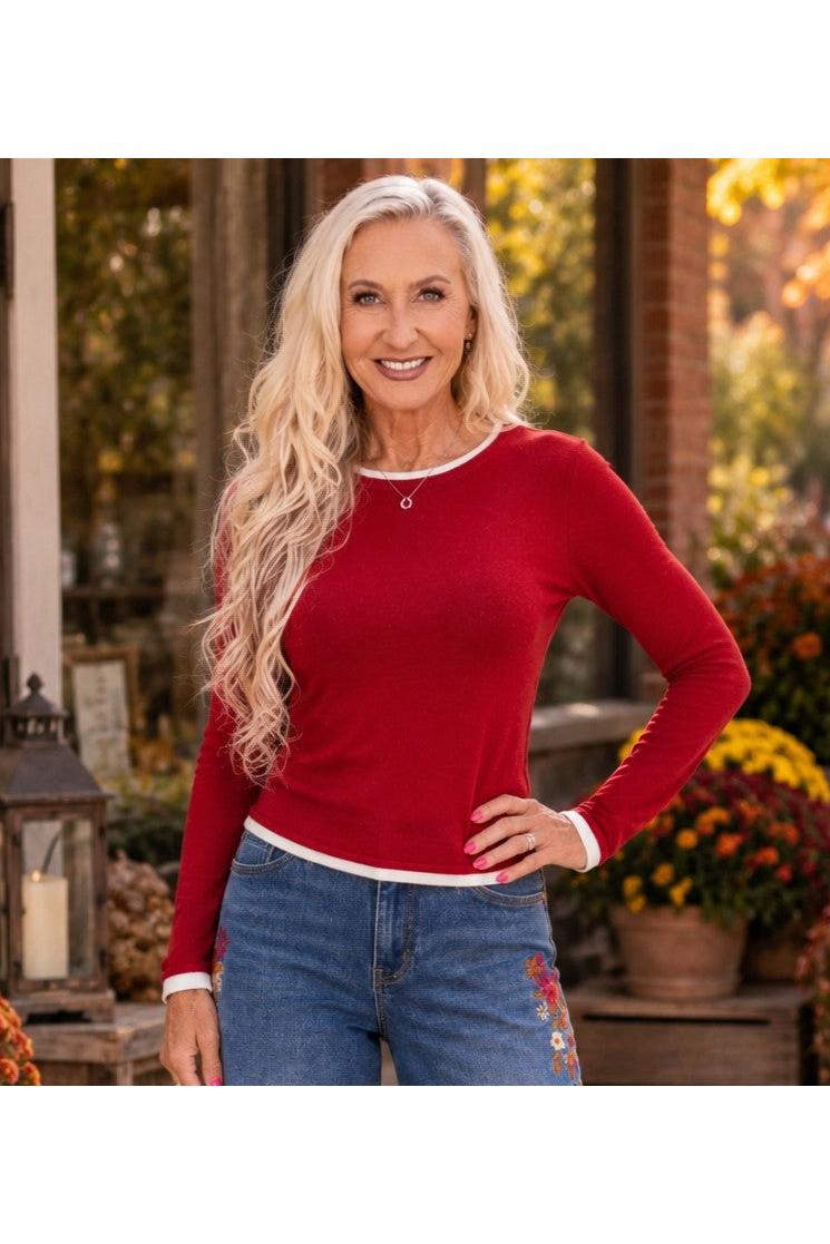 Hyfve Double Zero Layer Effect Long Sleeve Knit Top – Dark Red, Dark Brown & Black-Tops-Hyfve Double Zero-Deja Nu Boutique, Women's Fashion Boutique in Lampasas, Texas