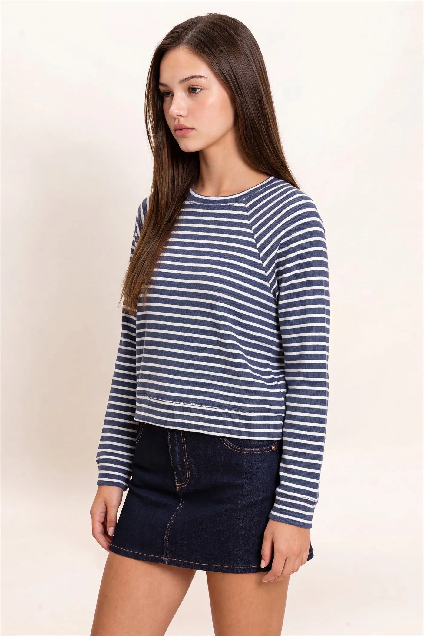 Hyfve Double Zero Navy Stripe Waffle Knit Raglan Top-Tops-Hyfve Double Zero-Deja Nu Boutique, Women's Fashion Boutique in Lampasas, Texas