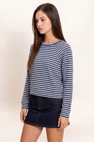 Hyfve Double Zero Navy Stripe Waffle Knit Raglan Top-Tops-Hyfve Double Zero-Deja Nu Boutique, Women's Fashion Boutique in Lampasas, Texas