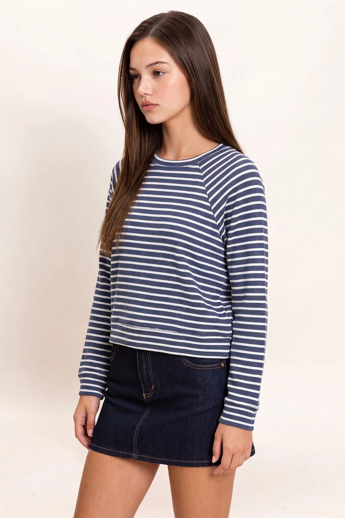 Hyfve Double Zero Navy Stripe Waffle Knit Raglan Top-Tops-Hyfve Double Zero-Deja Nu Boutique, Women's Fashion Boutique in Lampasas, Texas