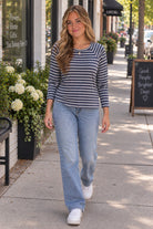 Hyfve Double Zero Navy Stripe Waffle Knit Raglan Top-Tops-Hyfve Double Zero-Deja Nu Boutique, Women's Fashion Boutique in Lampasas, Texas