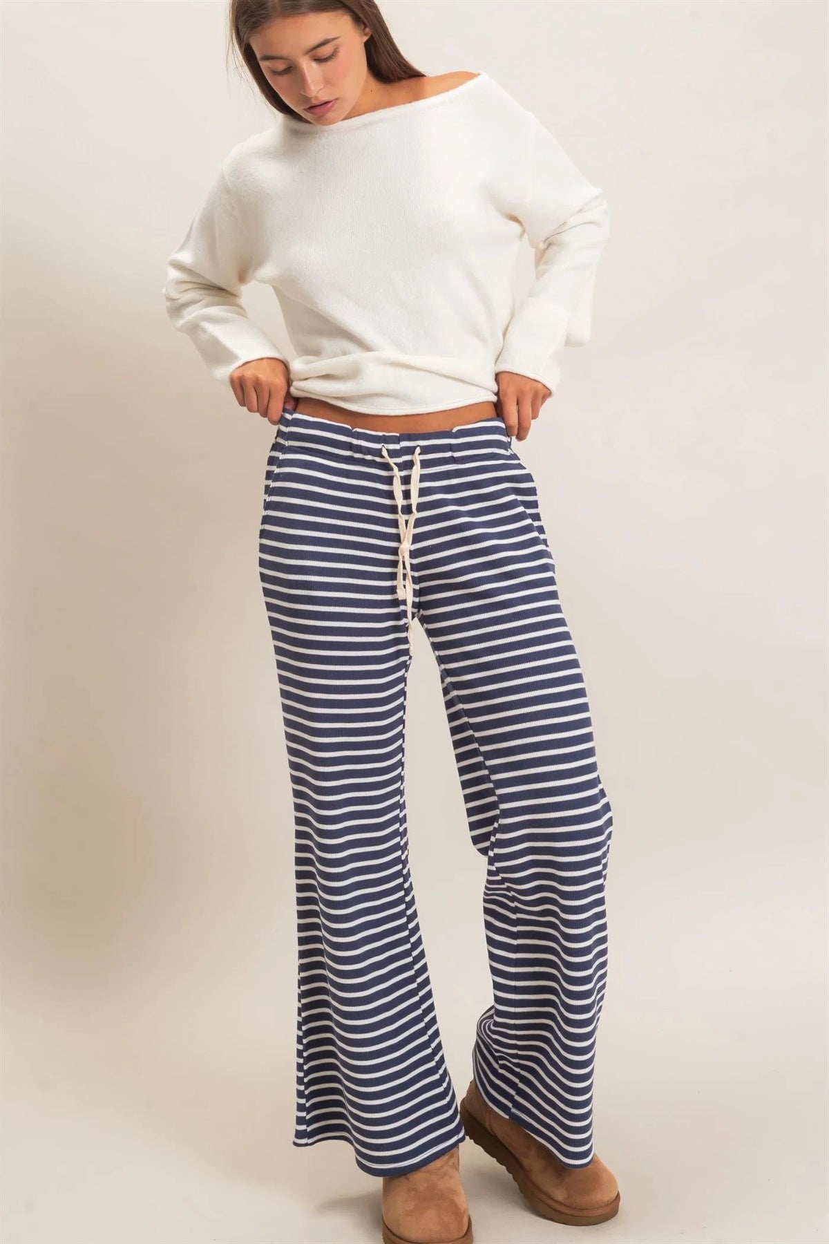Hyfve Double Zero Navy Low Rise Striped Waffle Knit Pants-Athleisurewear-Hyfve Double Zero-Deja Nu Boutique, Women's Fashion Boutique in Lampasas, Texas