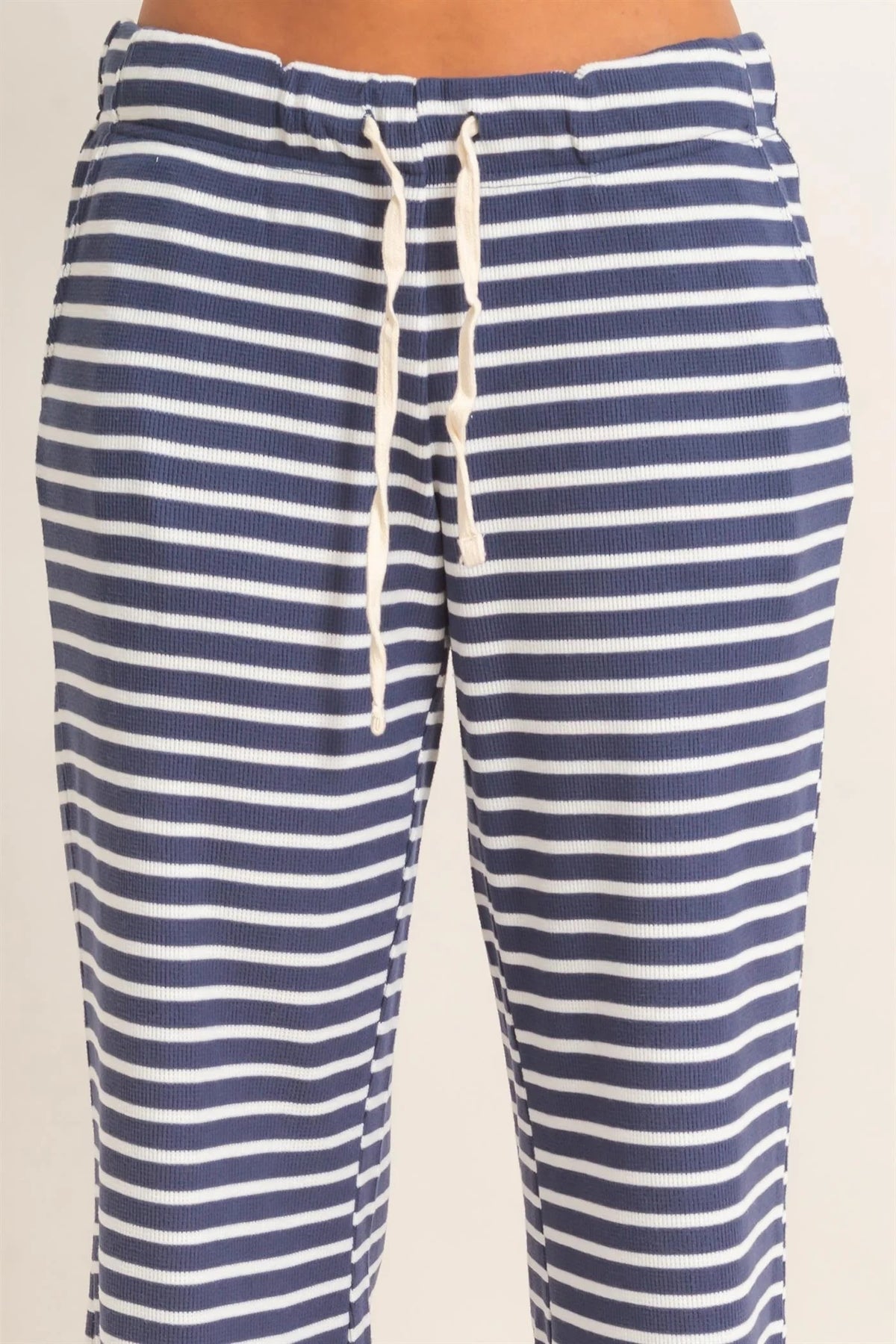 Hyfve Double Zero Navy Low Rise Striped Waffle Knit Pants-Athleisurewear-Hyfve Double Zero-Deja Nu Boutique, Women's Fashion Boutique in Lampasas, Texas
