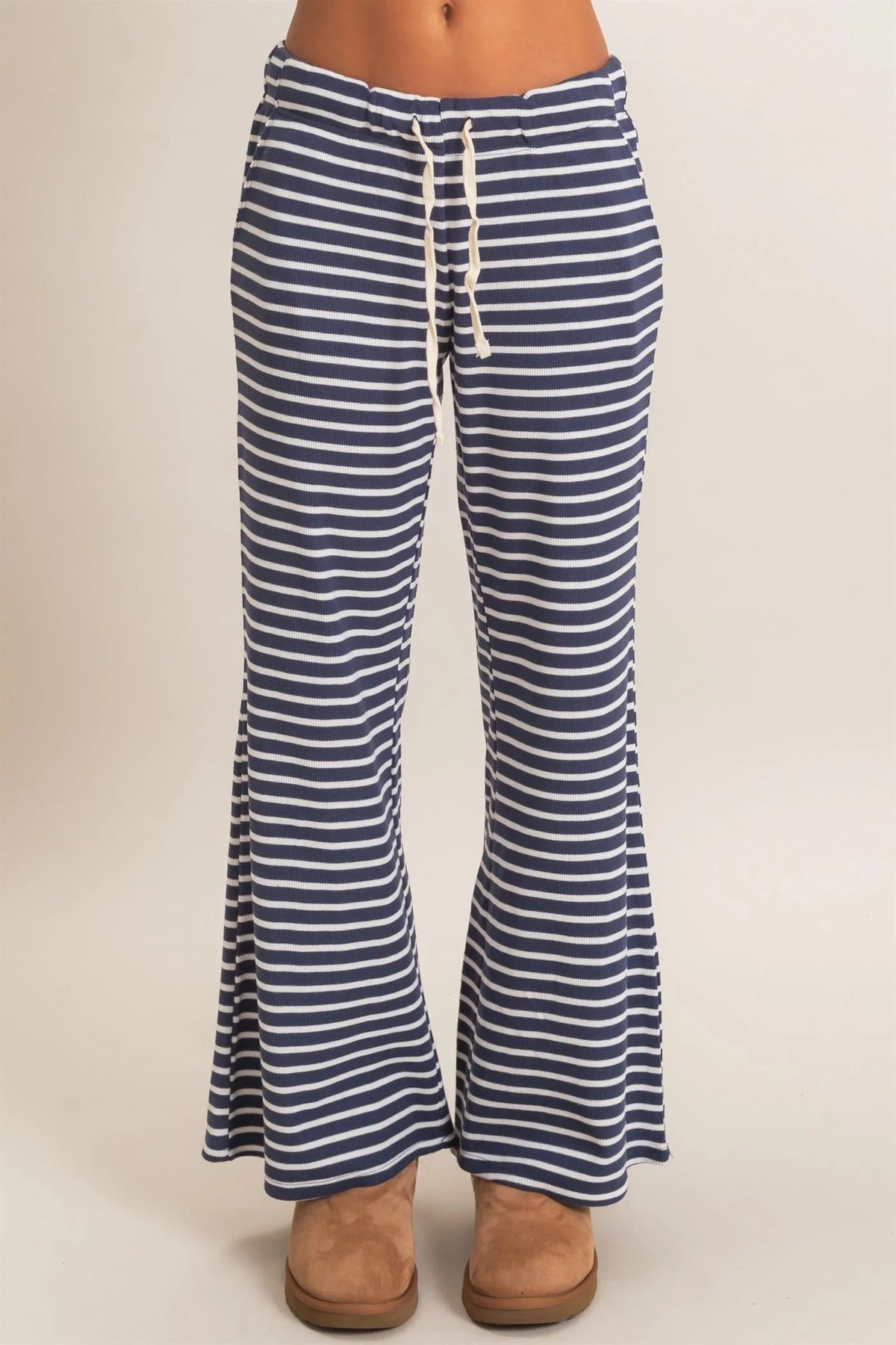Hyfve Double Zero Navy Low Rise Striped Waffle Knit Pants-Athleisurewear-Hyfve Double Zero-Deja Nu Boutique, Women's Fashion Boutique in Lampasas, Texas