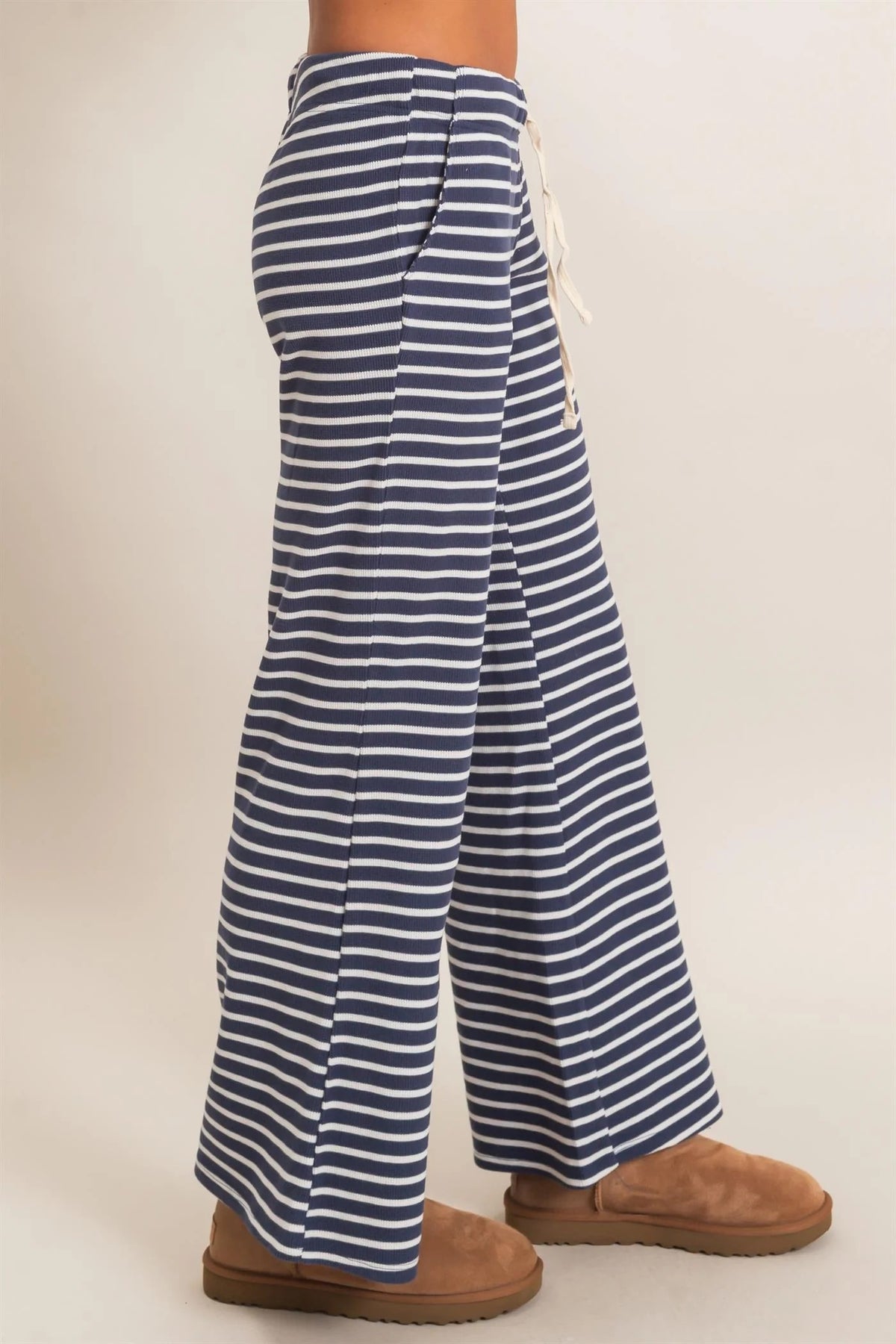 Hyfve Double Zero Navy Low Rise Striped Waffle Knit Pants-Athleisurewear-Hyfve Double Zero-Deja Nu Boutique, Women's Fashion Boutique in Lampasas, Texas