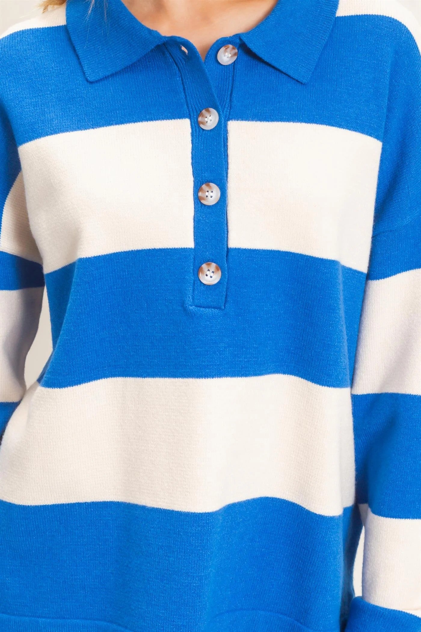 Hyfve Striped Button-Up Sweater in Blue-Sweaters-Hyfve-Deja Nu Boutique, Women's Fashion Boutique in Lampasas, Texas