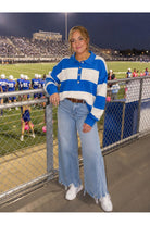 Hyfve Striped Button-Up Sweater in Blue-Sweaters-Hyfve-Deja Nu Boutique, Women's Fashion Boutique in Lampasas, Texas