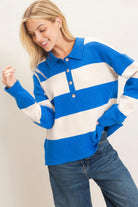 Hyfve Striped Button-Up Sweater in Blue-Sweaters-Hyfve-Deja Nu Boutique, Women's Fashion Boutique in Lampasas, Texas