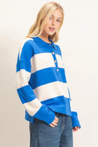 Hyfve Striped Button-Up Sweater in Blue-Sweaters-Hyfve-Deja Nu Boutique, Women's Fashion Boutique in Lampasas, Texas
