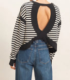 Hyfve Striped Long Sleeve Criss Cross Open Back Top in Black-sweatshirt-Hyfve-Deja Nu Boutique, Women's Fashion Boutique in Lampasas, Texas