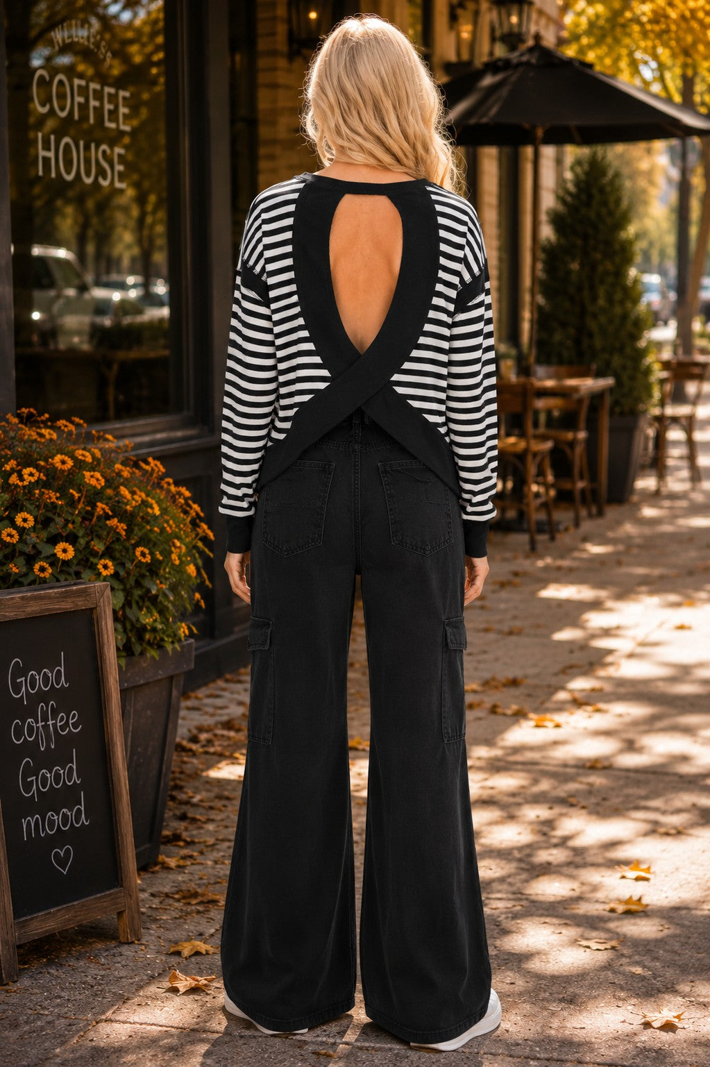 Hyfve Striped Long Sleeve Criss Cross Open Back Top in Black-sweatshirt-Hyfve-Deja Nu Boutique, Women's Fashion Boutique in Lampasas, Texas