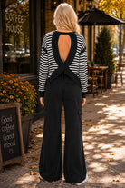 Hyfve Striped Long Sleeve Criss Cross Open Back Top in Black-sweatshirt-Hyfve-Deja Nu Boutique, Women's Fashion Boutique in Lampasas, Texas