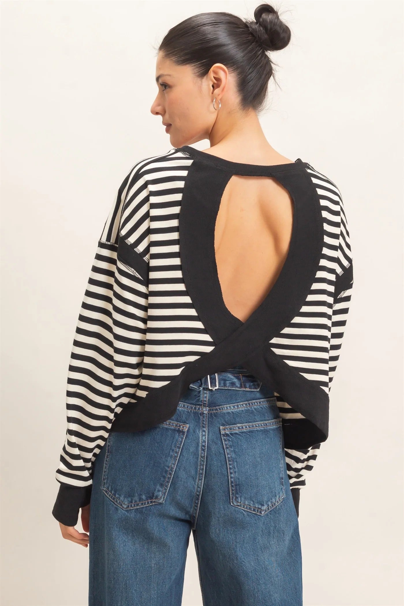 Hyfve Striped Long Sleeve Criss Cross Open Back Top in Black-sweatshirt-Hyfve-Deja Nu Boutique, Women's Fashion Boutique in Lampasas, Texas