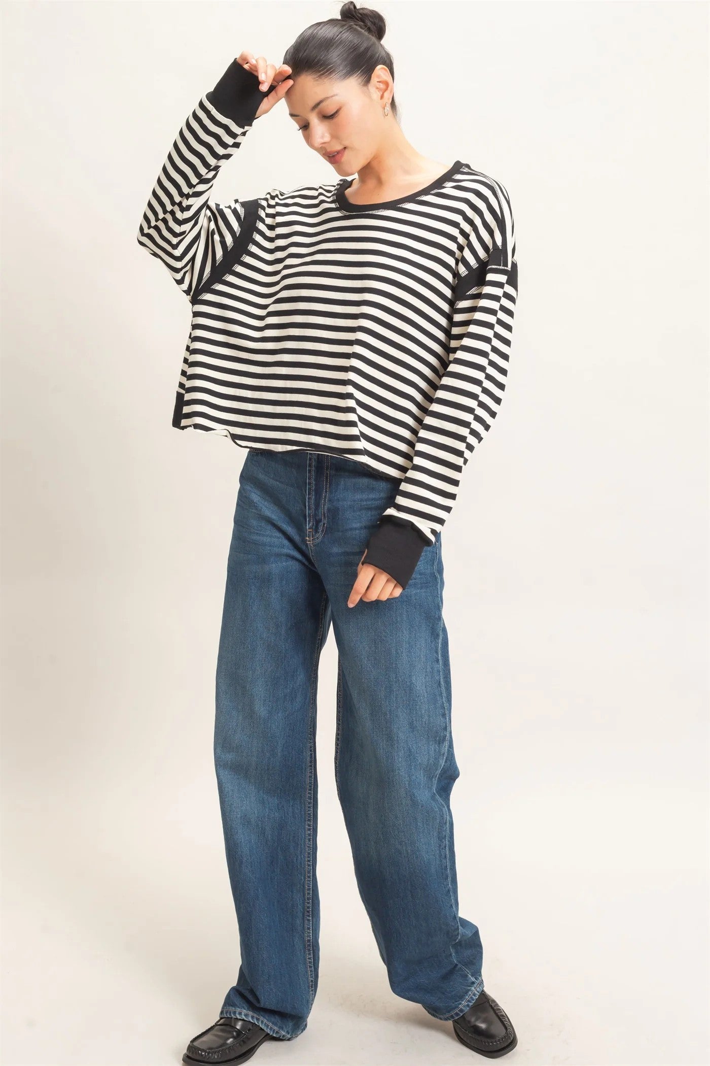 Hyfve Striped Long Sleeve Criss Cross Open Back Top in Black-sweatshirt-Hyfve-Deja Nu Boutique, Women's Fashion Boutique in Lampasas, Texas
