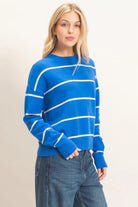 Hyfve Striped Ribbed Crew Neck Sweater in Blue-Sweaters-Hyfve-Deja Nu Boutique, Women's Fashion Boutique in Lampasas, Texas